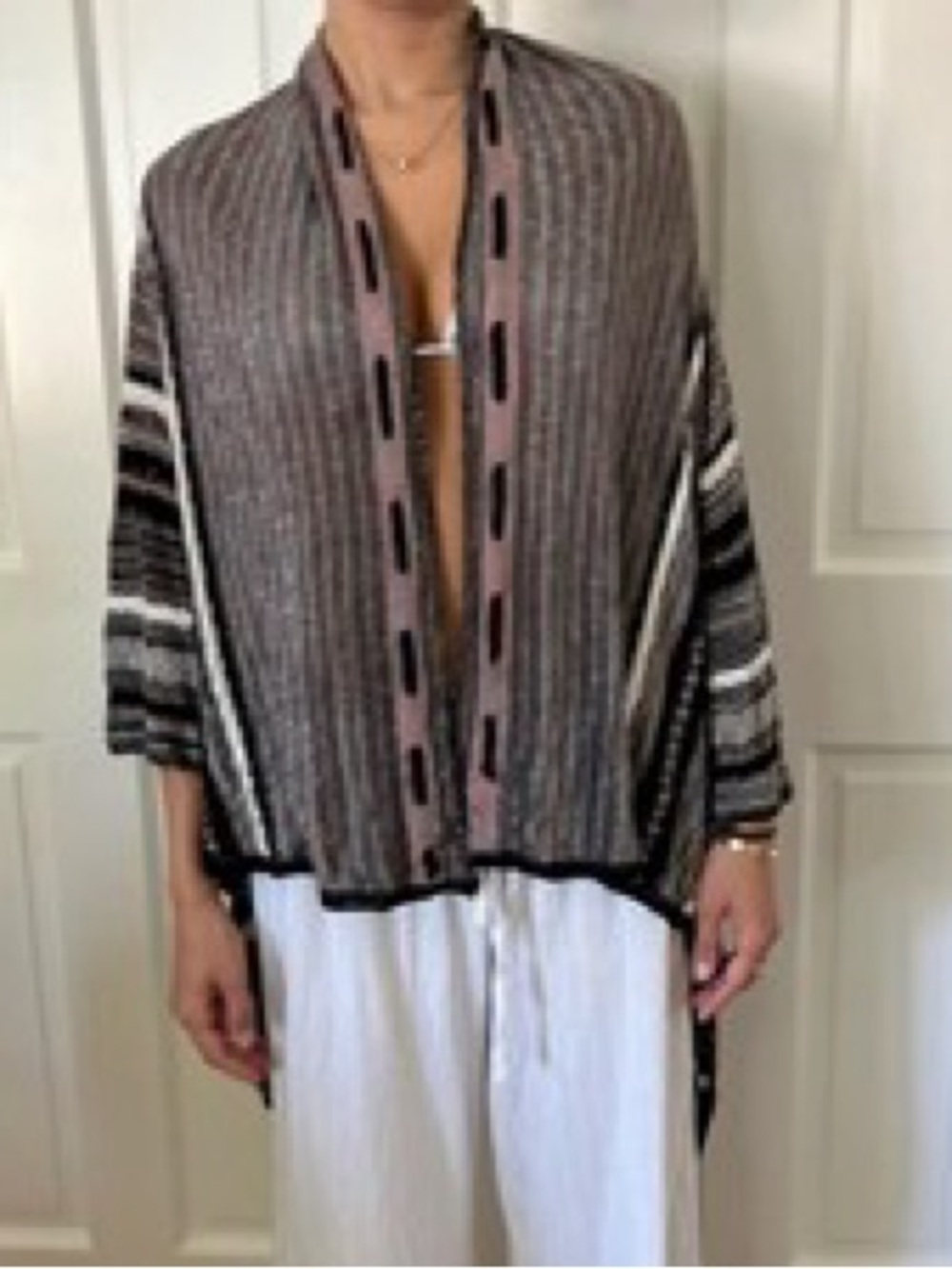 Missoni Striped Open-Front Knit Poncho in Gray & Pink Mettalic Thread 6